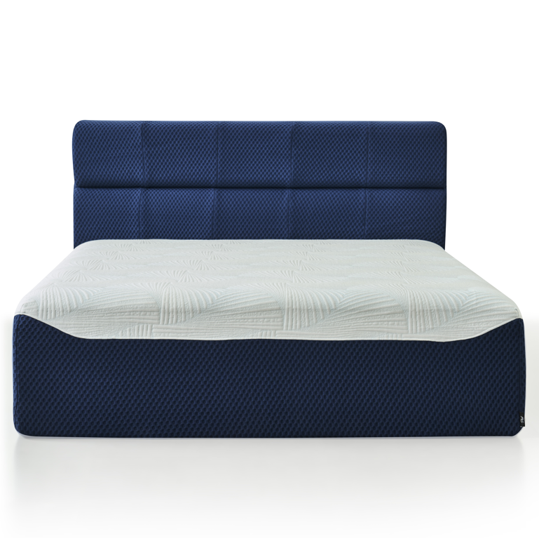 One Piece Bed with Blue headboard and white mattress and Blue bed Frame on a white background