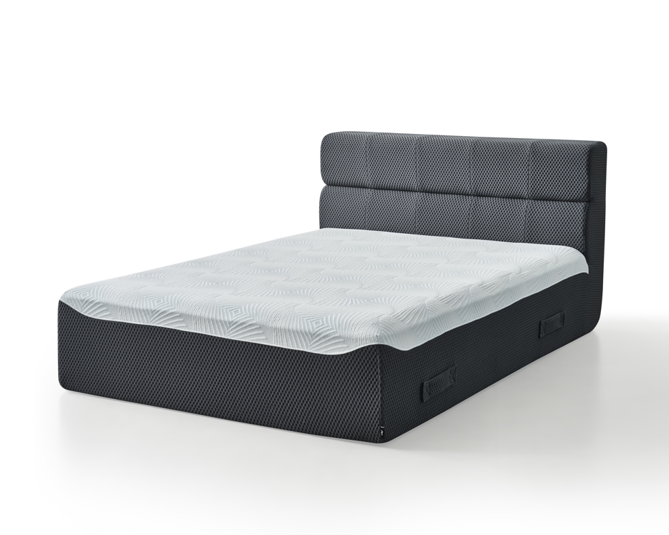 One Piece Bed with Gray headboard and white mattress and Gray bed Frame on a white background