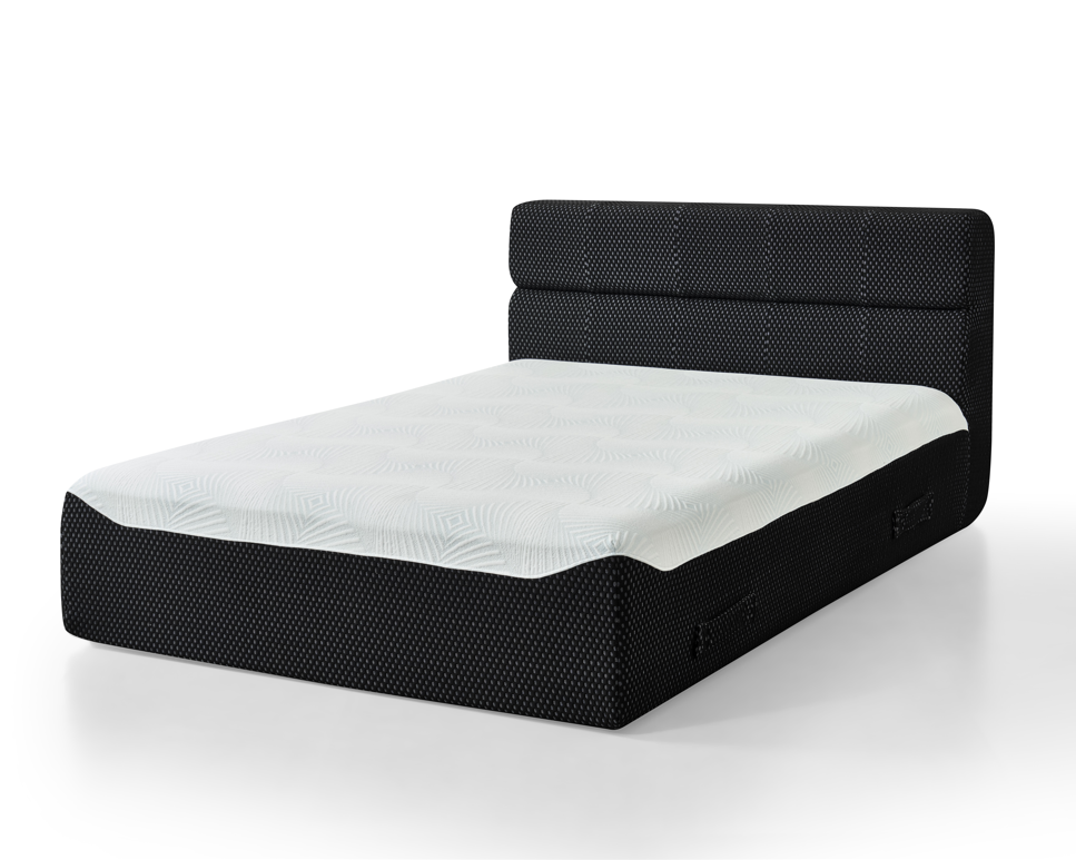 One Piece Bed with black headboard and white mattress and black bed Frame on a white background