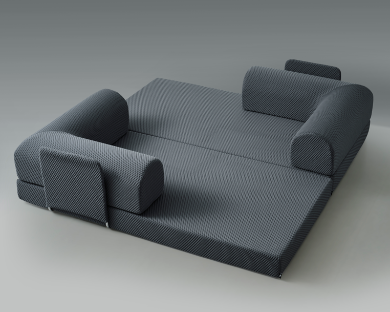 Gray Sleeper sofa open to a "hang with family and friends" position.