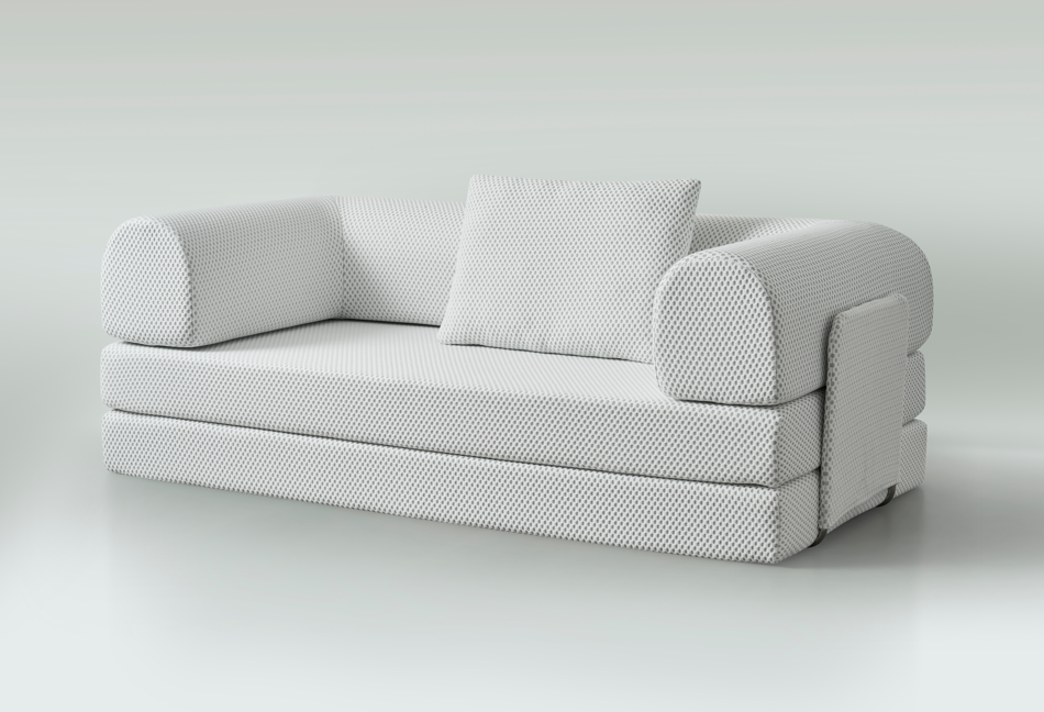 White Three sit sleeper sofa with a textured pattern on a white background
