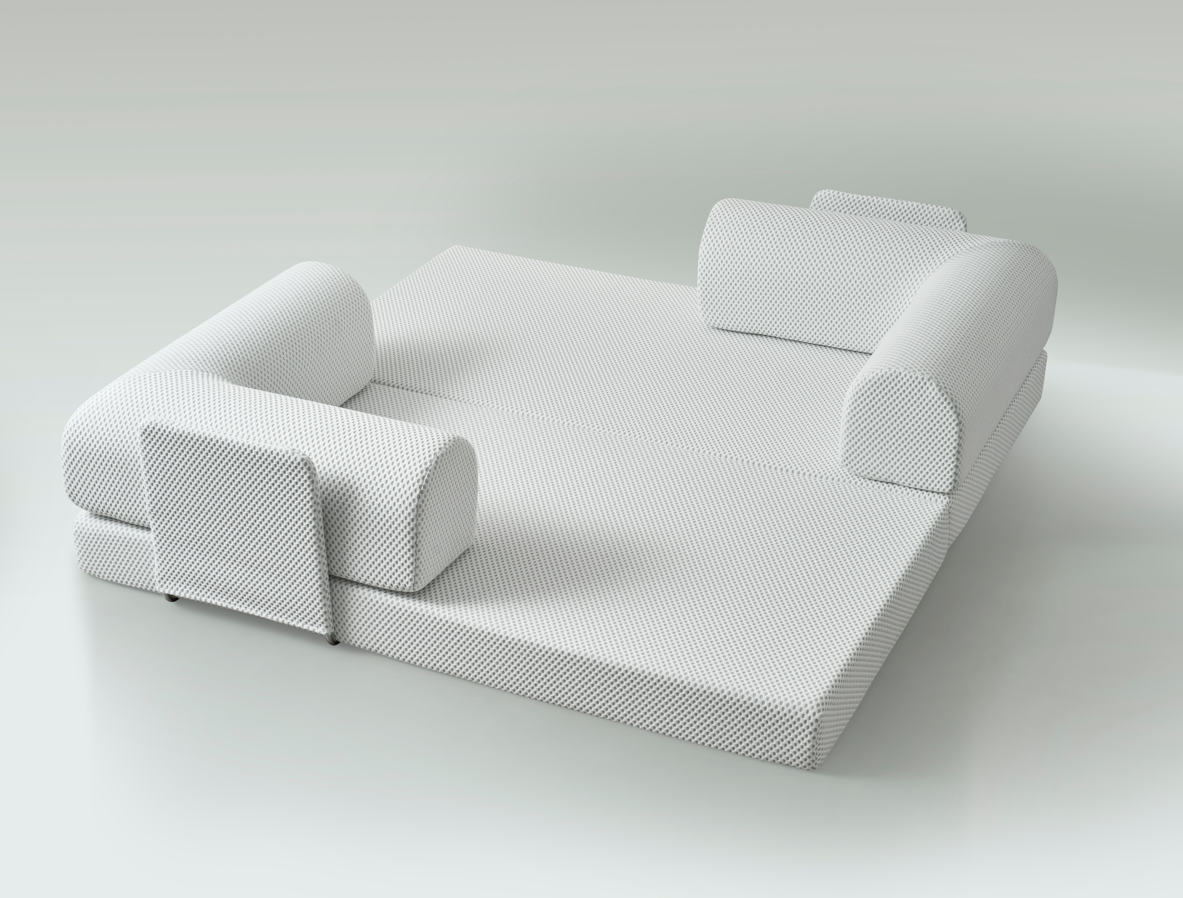 White Sleeper sofa open to a "hang with family and friends" position.