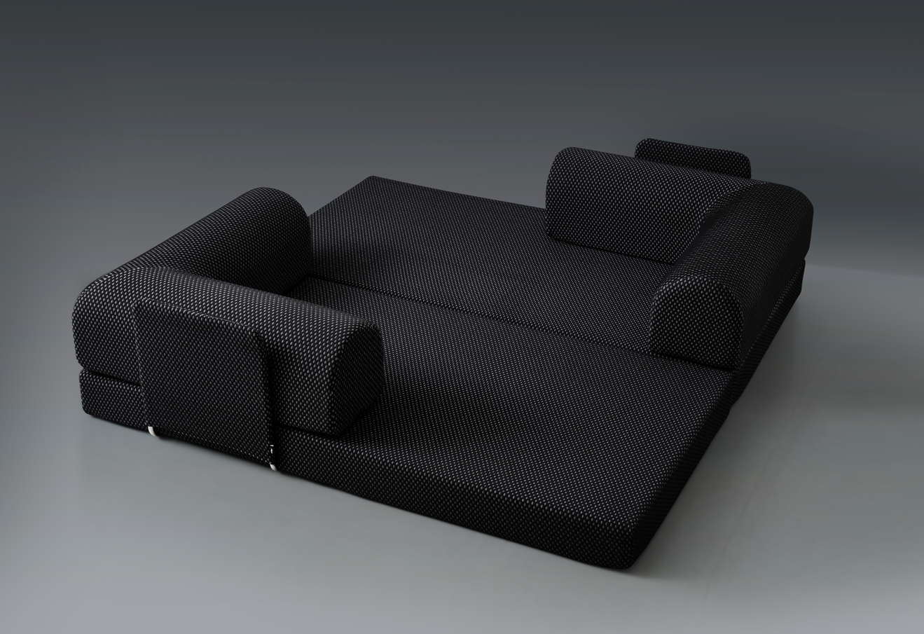 Black Sleeper sofa open to a "hang with family and friends" position.