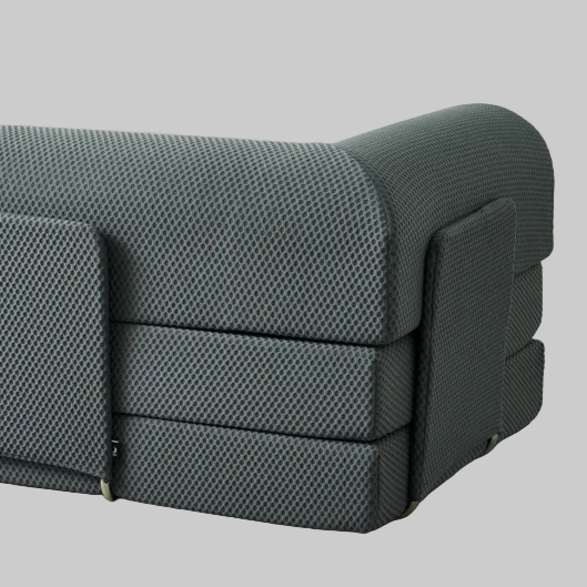 Back view of Gray textured three sit sleeping sofa with Wider Sofa Supporting Metal stand with matching color 