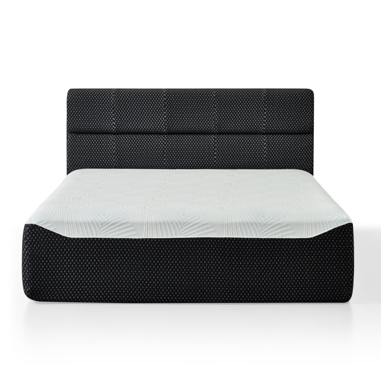 One Piece Bed with black headboard and white mattress and black bed Frame on a white background