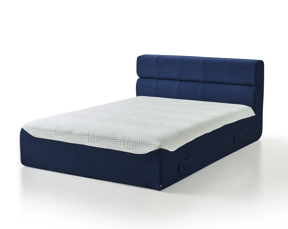 One Piece Bed with Blue headboard and white mattress and Blue bed Frame on a white background