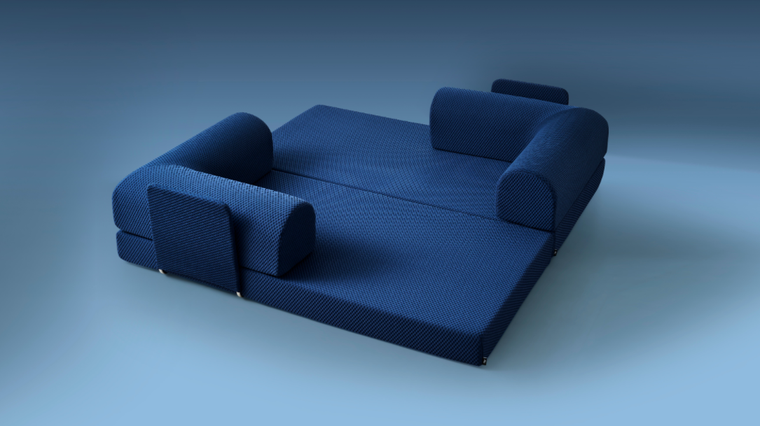 Blue Sleeper sofa open to a "hang with family and friends" position.