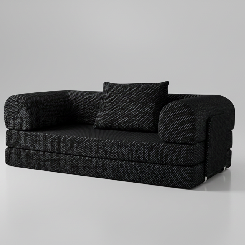 Black three sit  sleeping sofa with a pillow on a gray background