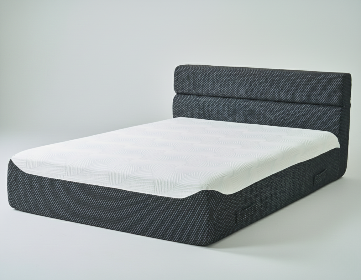 Gray upholstered Queen Size Bed frame with a white mattress on a light gray background