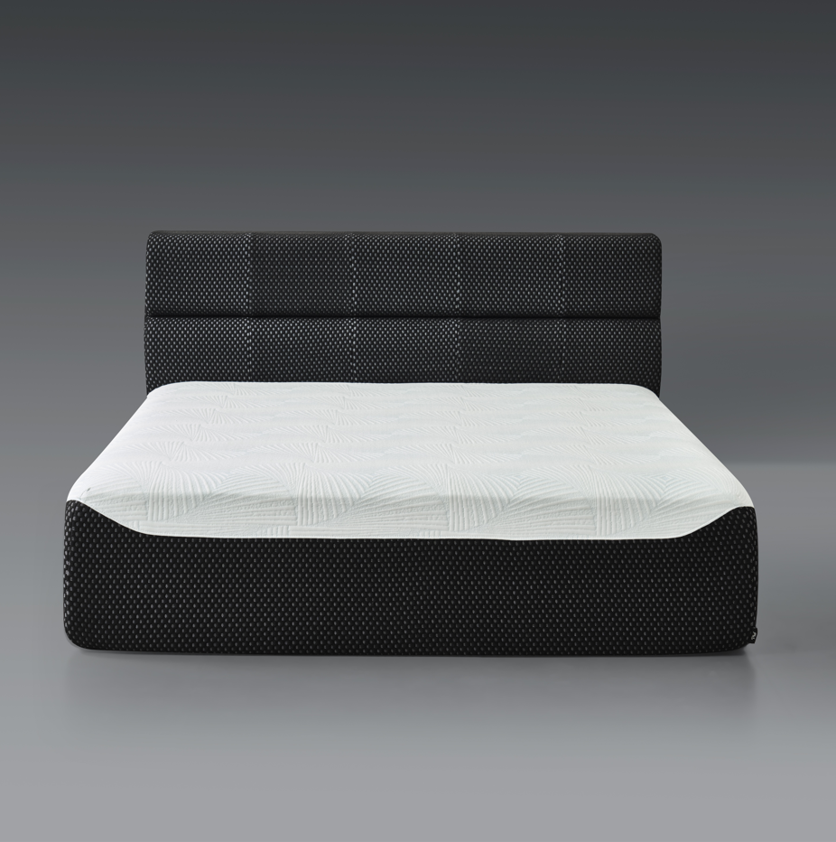 Black Queen Size Bed frame with white mattress on a gray background