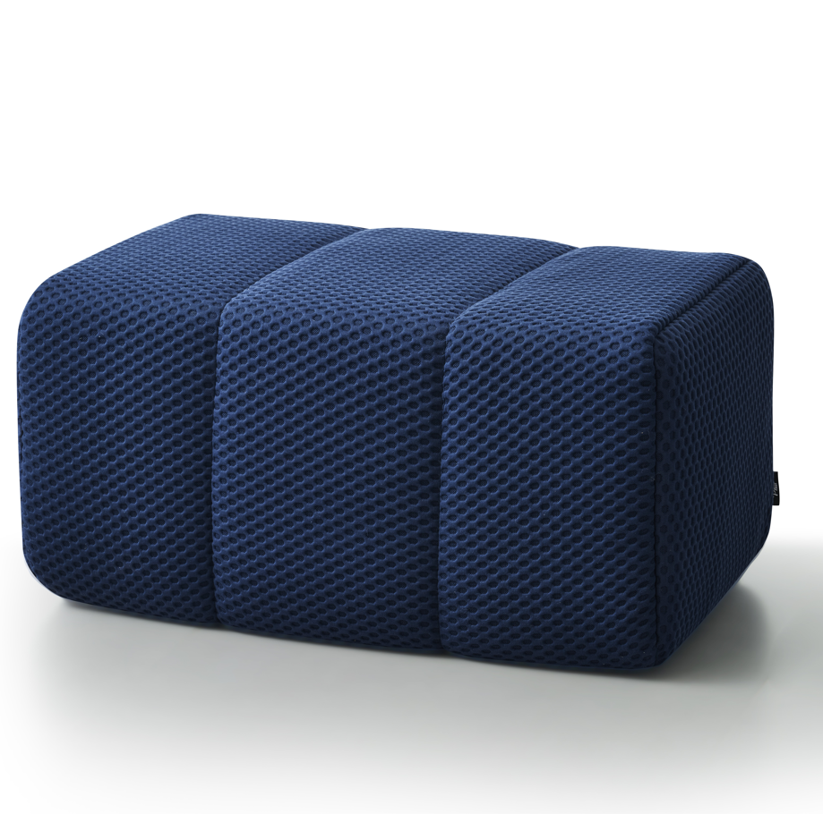 Blue Toto Ottoman by Phaf with plush fabric and a sturdy wooden base, perfect as a stylish footrest or additional seating.