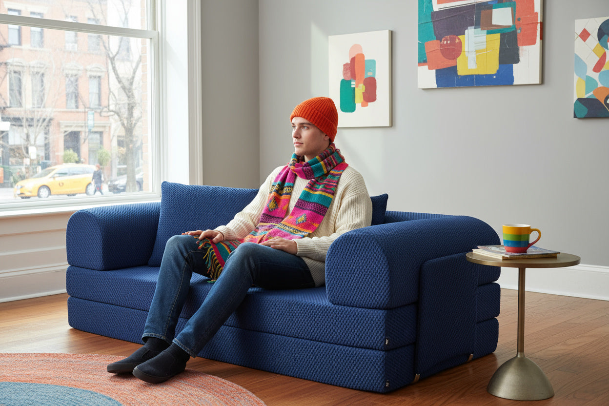 Person sitting on a blue sofa in a room with colorful artwork on the wall.