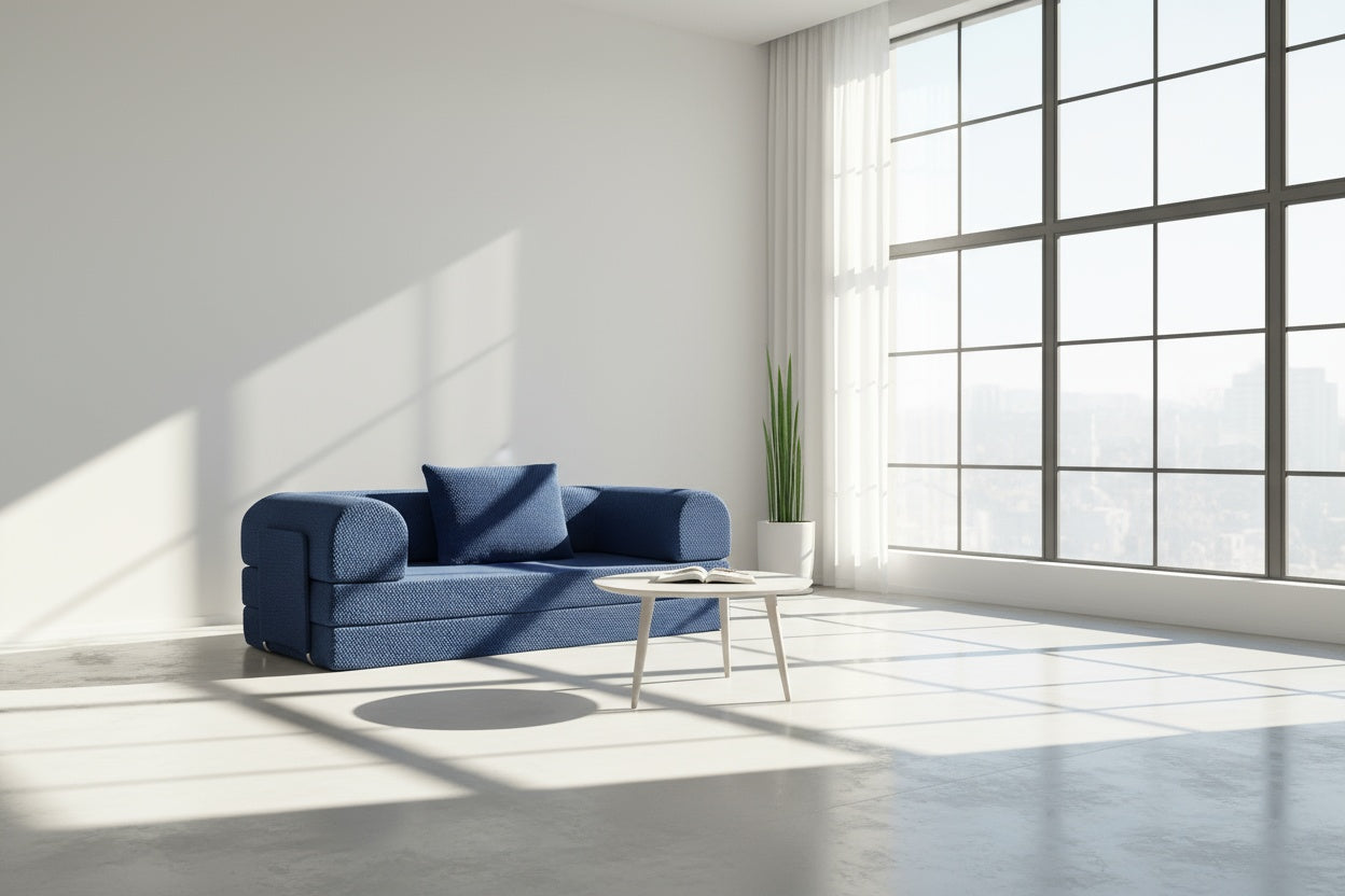 Blue three sit sleeping sofa in a bright room with large windows