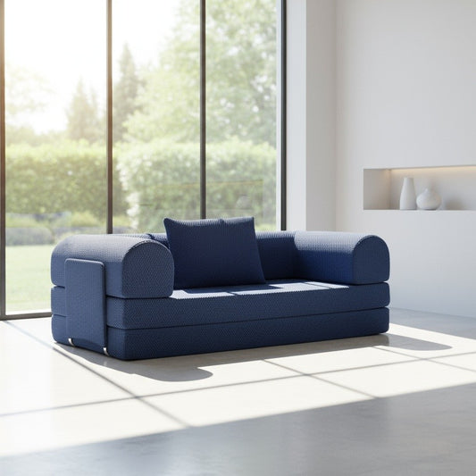 Blue Sleeper Sofa - Nomo with a pillow in a modern living room with large windows.