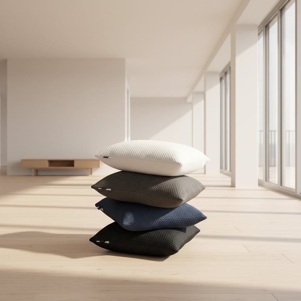 Stack of four textured pillows in black, blue, gray, and white on a light background