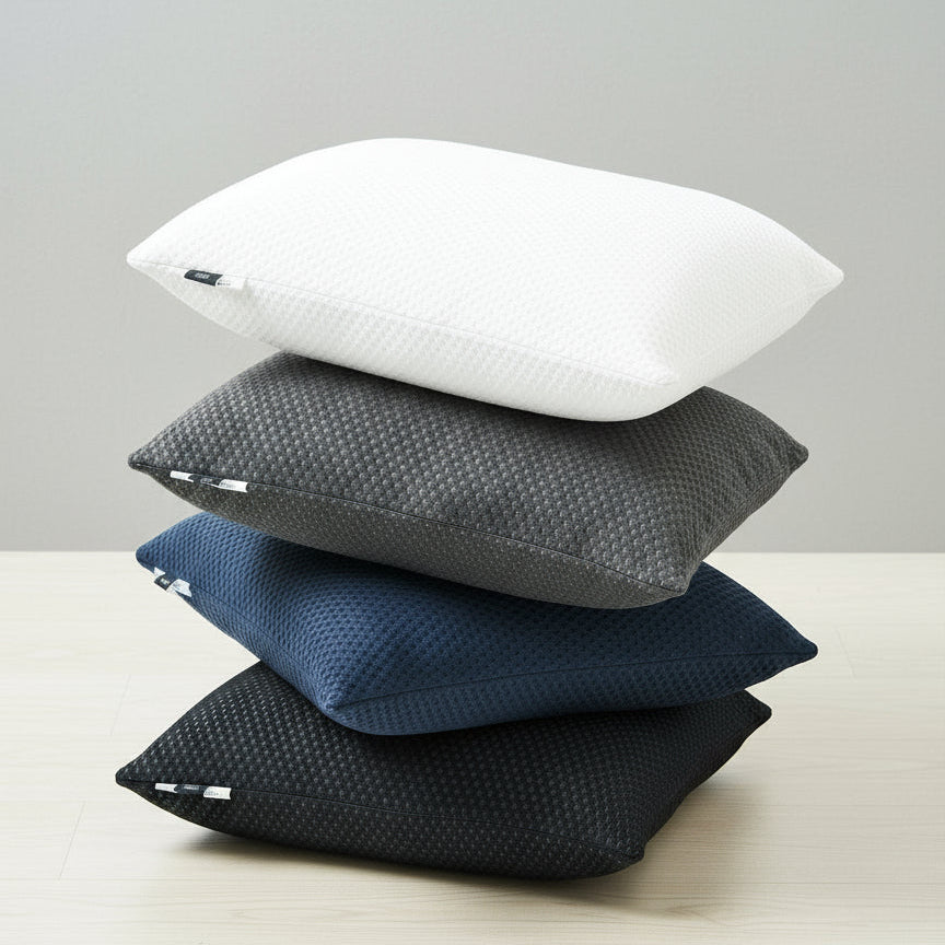 Stack of four textured pillows in black, blue, gray, and white on a light background