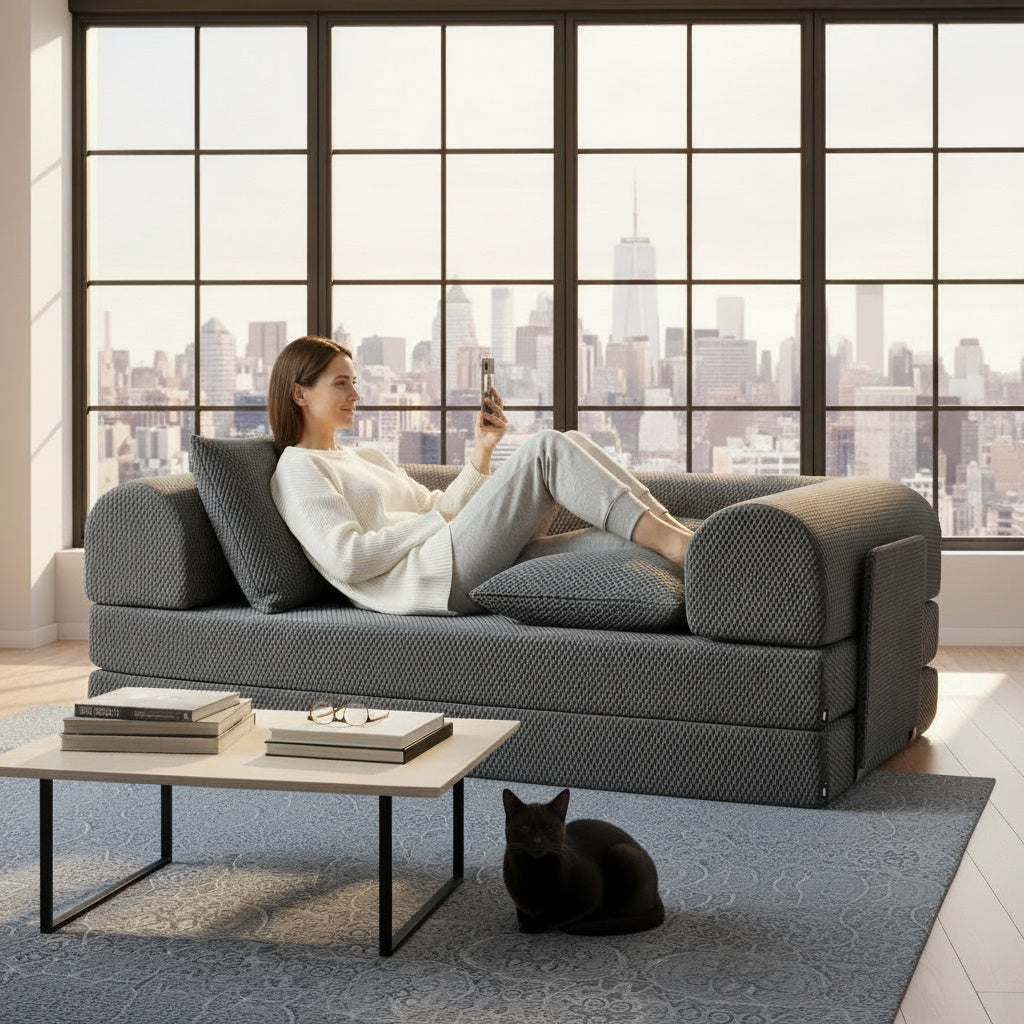 A woman sits on a gray sofa, comfortably reclining with 2 pillows in a modern living room with a city view.