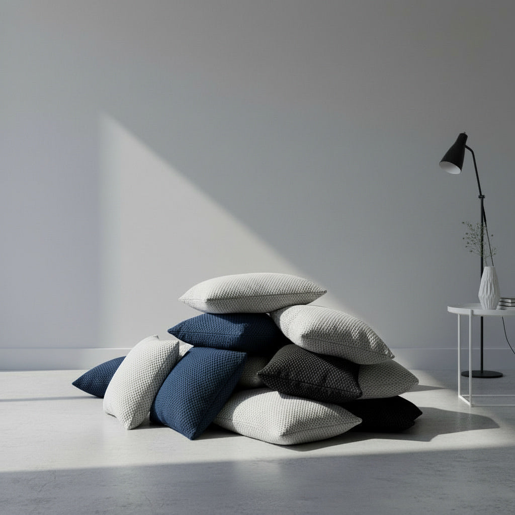 Stack of pillows in various colors on a light surface with a minimal background