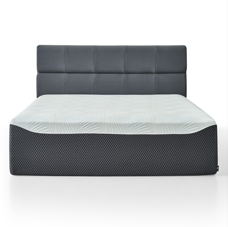 Queen Size Bed with a gray upholstered headboard on a white background