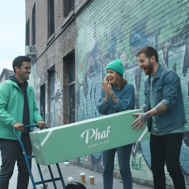 Three people standing outside a building with a green mural, one holding a Box with 'Phaf' on it.