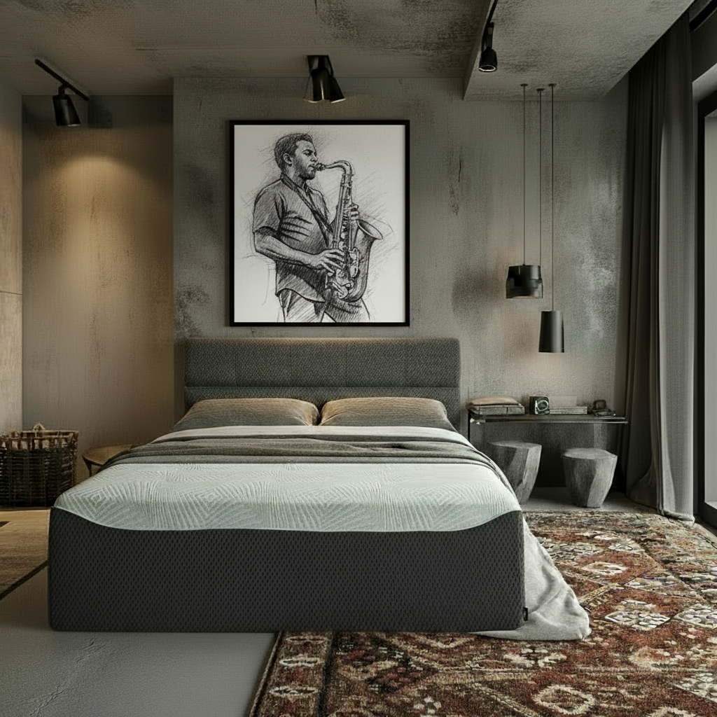 Modern bedroom with a One Piece Bed, artwork of a saxophonist, and decorative elements.