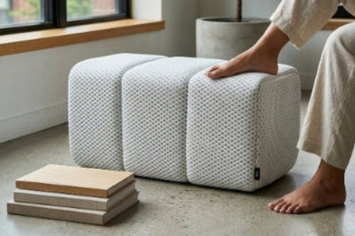 Phaf Toto Ottoman with wooden legs and fabric upholstery, shown in a stylish, modern interior setting.