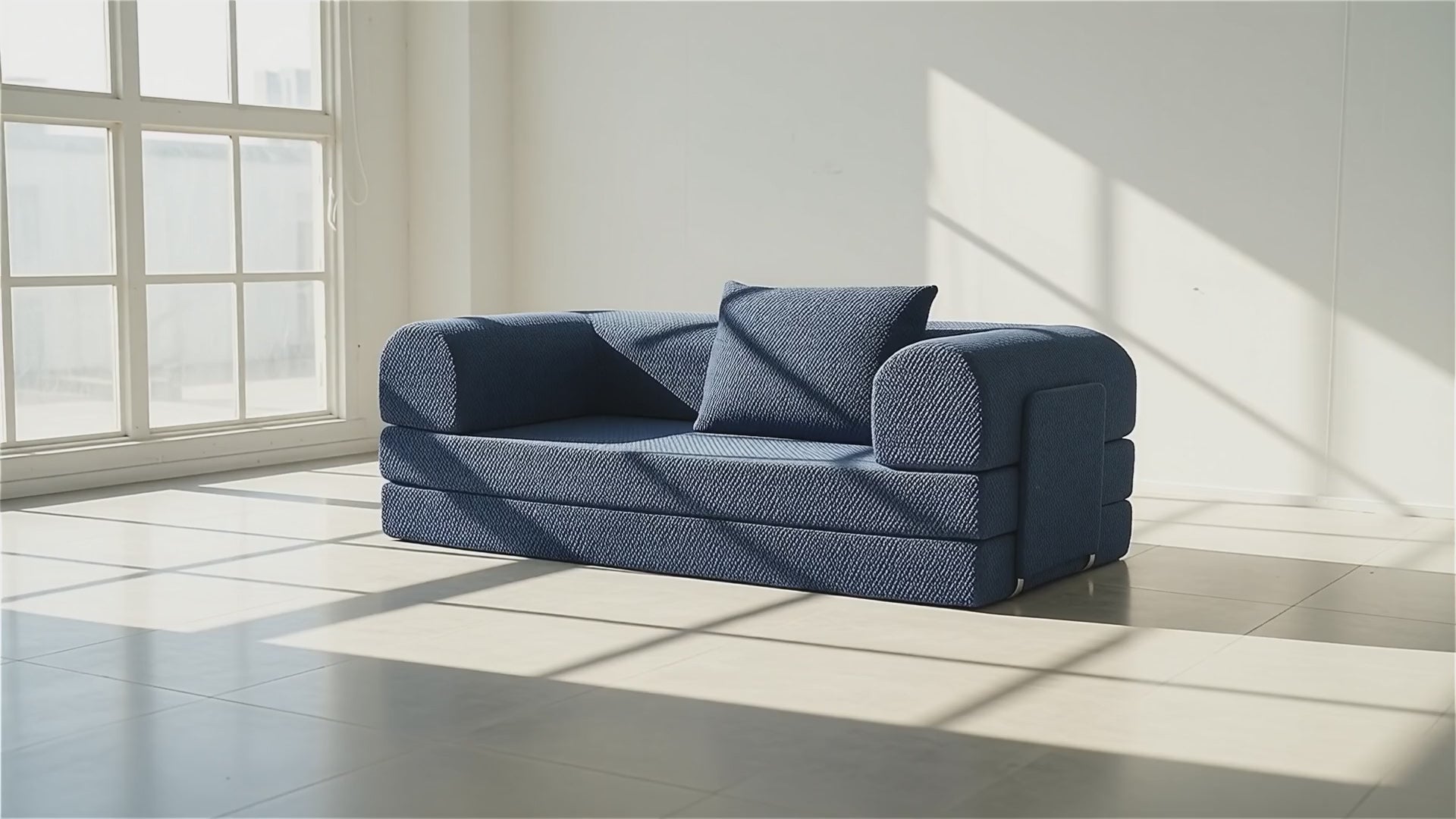 video of a woman check her phone on a  three sit sleeping sofa